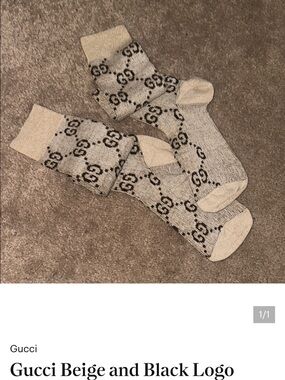 Gucci Beige Crew Socks with Black GG Logo